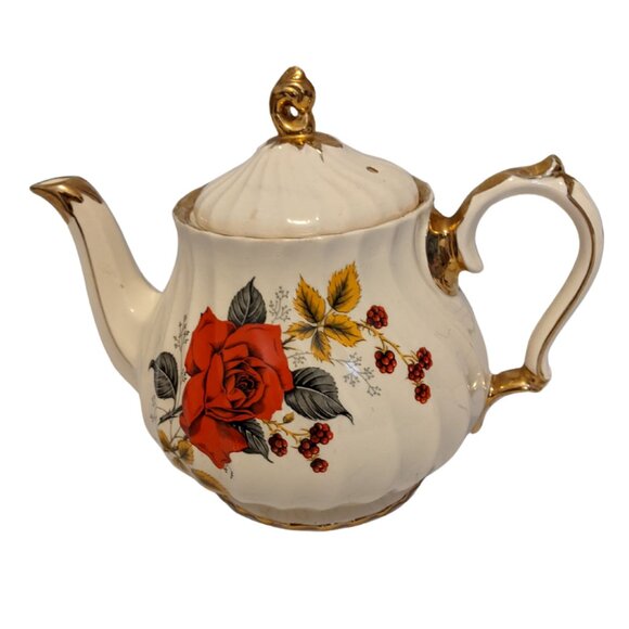 Vintage Sadler England Swirl Teapot White w Red Rose Classic Decor Kitchen - Picture 2 of 10